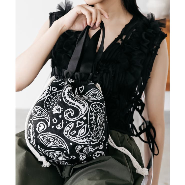 ブラック | バンダナ巾着バッグ ハンドバッグ ニットジャガード | mili an deni