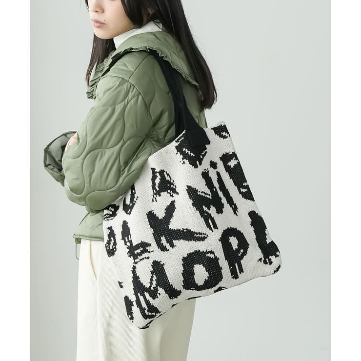 オフホワイト×ブラック | ジャガードニットトートバッグ ショルダーバッグ 英字 | mili an deni