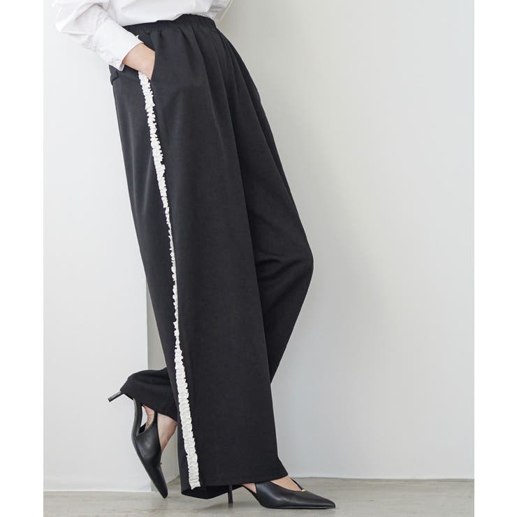 ブラック | ワイドパンツ レディース サイドフリル | mili an deni