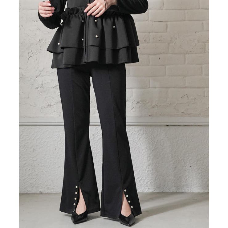 ブラック | 裾パールスリットパンツ フロントスリット フレア | mili an deni
