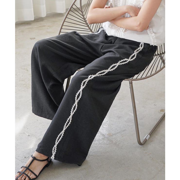 ブラック | ワイドパンツ レディース サイド刺繍テープパンツ | mili an deni