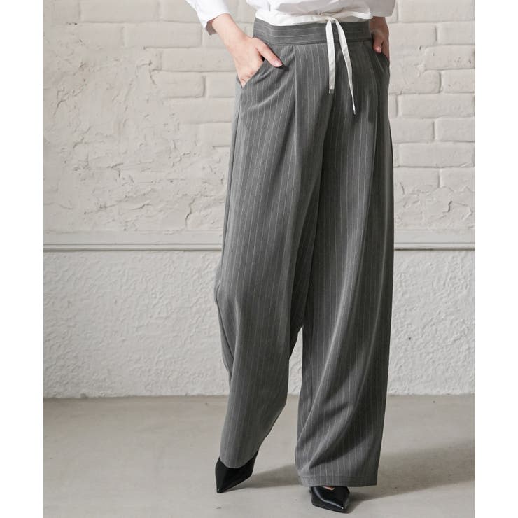 グレー | ストライプレイヤード風パンツ ワイドパンツ レディース | mili an deni