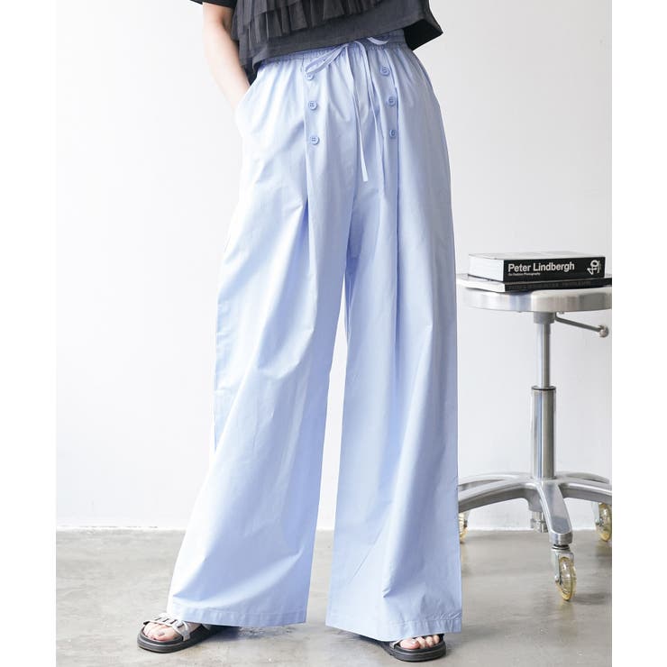 サックス | フロントボタンワイドパンツ ロング丈 ボトムス | mili an deni