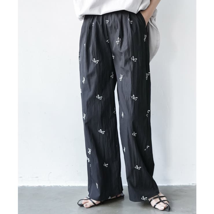 ブラック | リボン刺繍ワッシャー加工イージーパンツ ロング丈 ボトムス | mili an deni