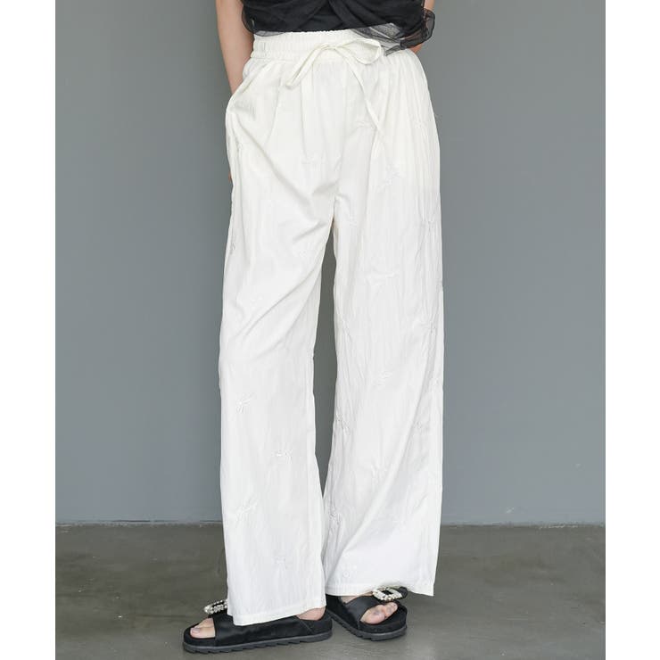 アイボリー | リボン刺繍ワッシャー加工イージーパンツ ロング丈 ボトムス | mili an deni