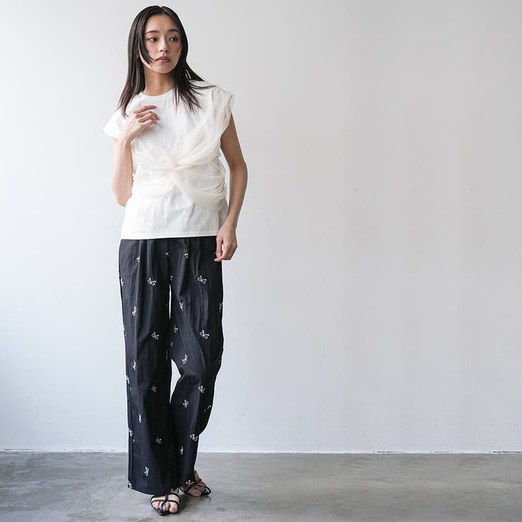 リボン刺繍ワッシャー加工イージーパンツ ロング丈 ボトムス | mili an deni | 詳細画像17 