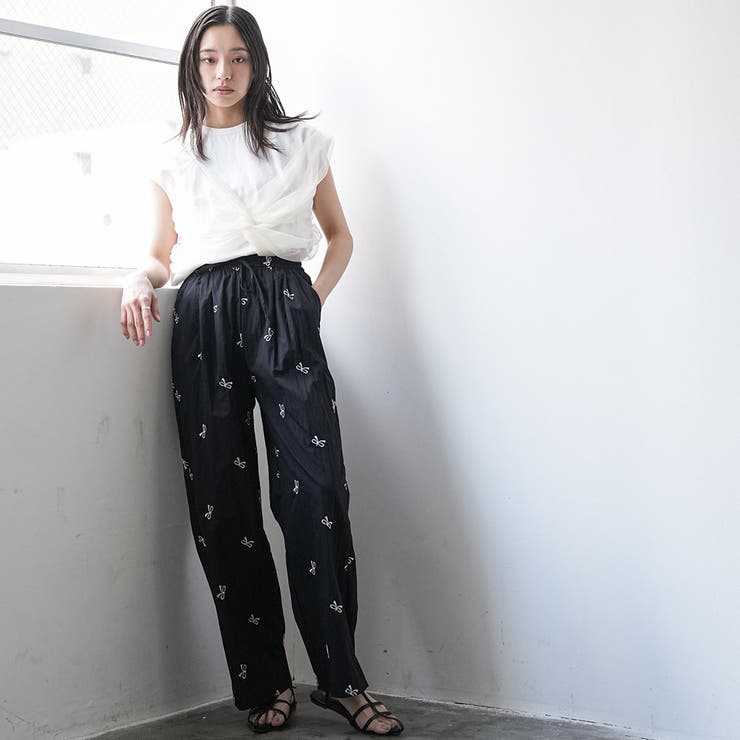 リボン刺繍ワッシャー加工イージーパンツ ロング丈 ボトムス | mili an deni | 詳細画像18 