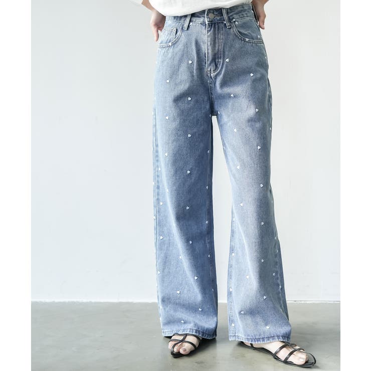 ブルー | ハート刺繍デニムパンツ ロング丈 ボトムス | mili an deni