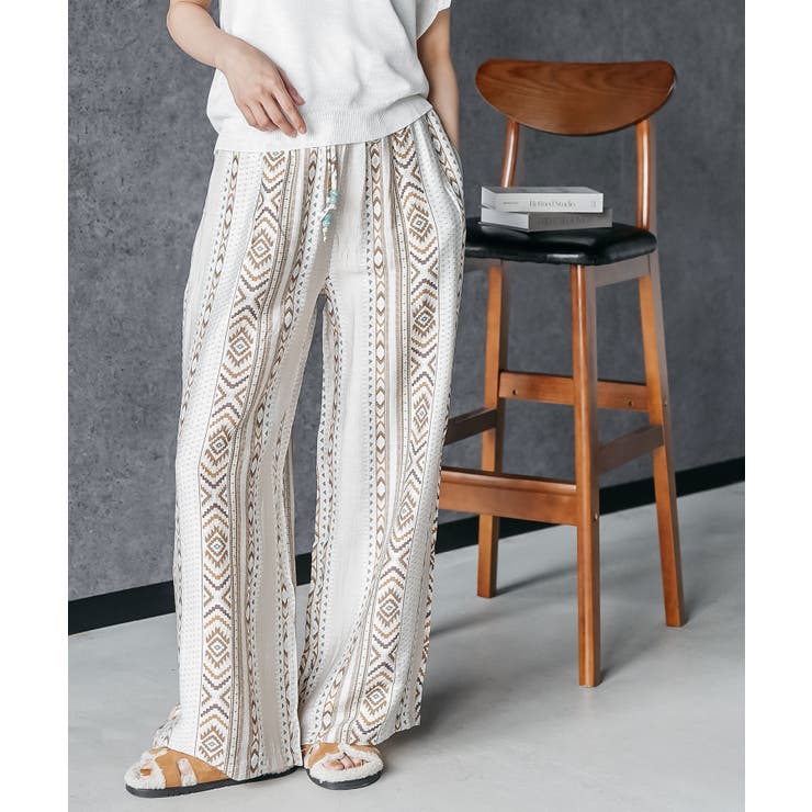 ブラウン | ネイティブ柄イージーワイドパンツ ロング丈 ボトムス | mili an deni