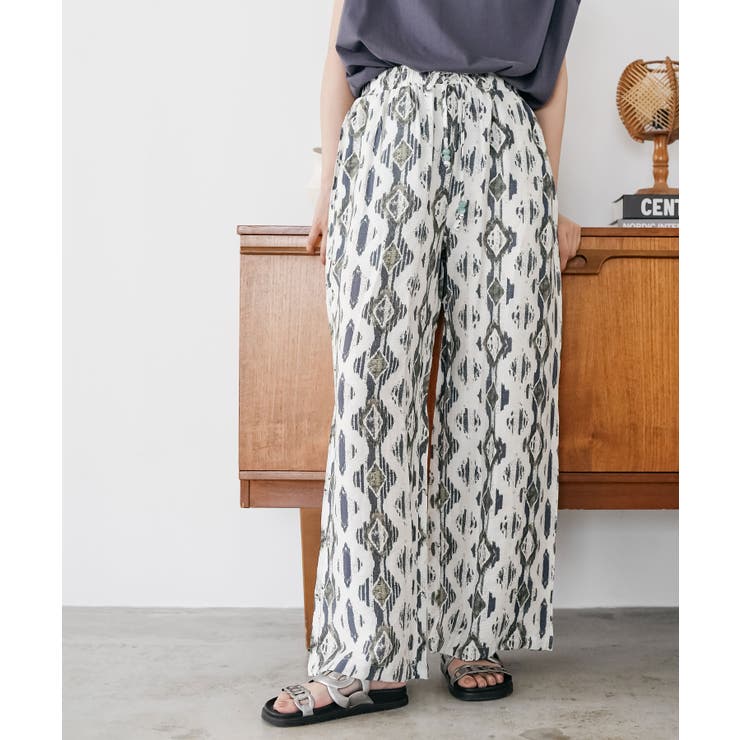 ネイビー | ネイティブ柄イージーワイドパンツ ロング丈 ボトムス | mili an deni