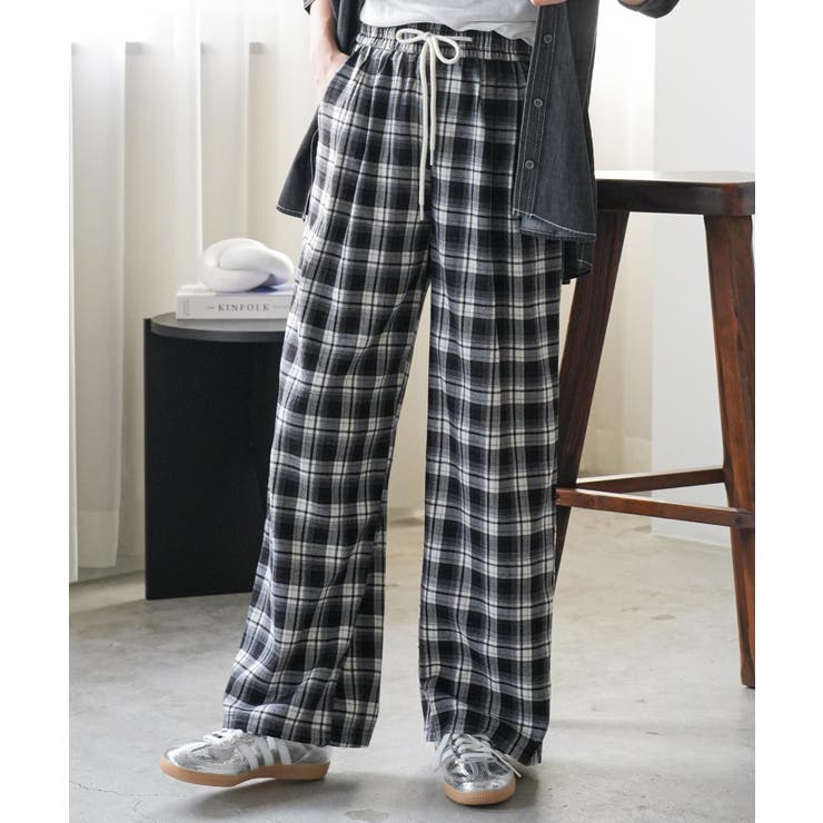 ブラック×アイボリー | ネルチェックイージーパンツ ロング丈 イージーパンツ | mili an deni