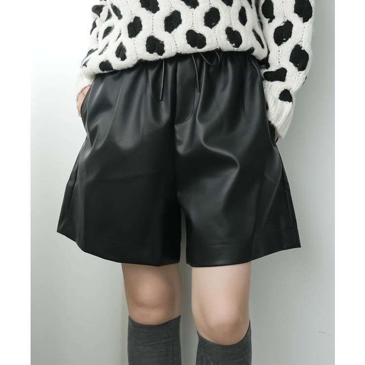 ブラック | フェイクレザーハーフパンツ ショートパンツ ゆったり | mili an deni