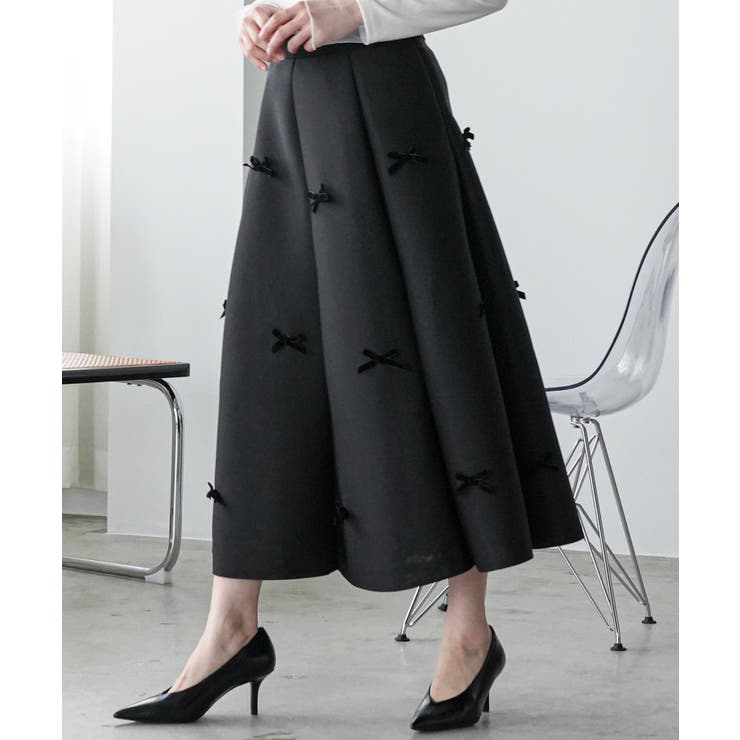 ブラック | リボン付き フレアスカート レディース | mili an deni