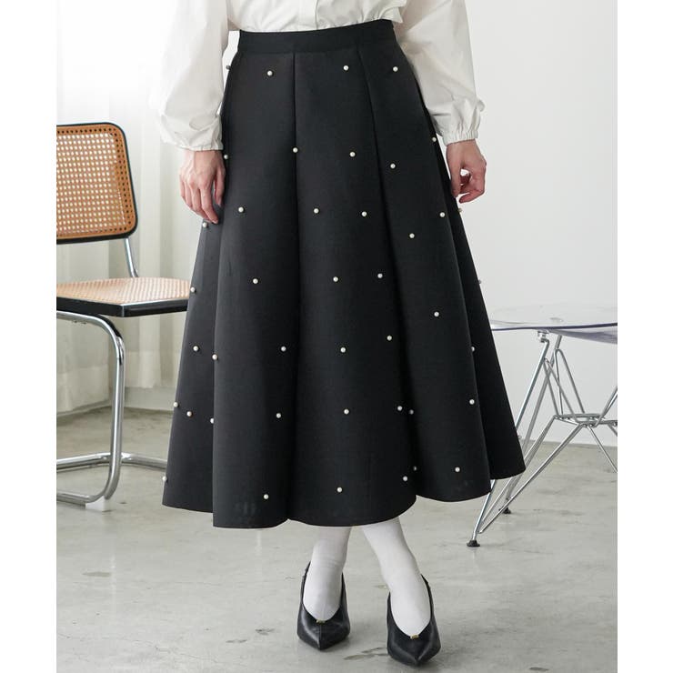 ブラック | パール付き フレアスカート レディース | mili an deni