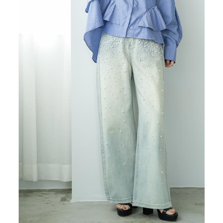 サックス | パール付き デニムパンツ レディース | mili an deni