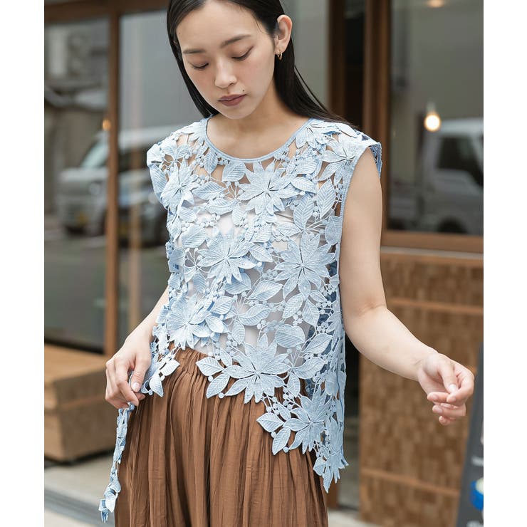 ブルー | アシンメトリーフラワーレースベスト レディース 花柄レース | mili an deni
