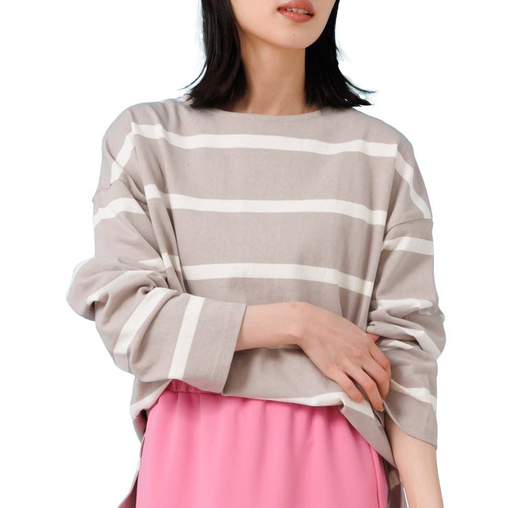 グレージュ×アイボリー | ワイドボーダー長袖Tシャツ ロンＴ ミドル丈 | mili an deni