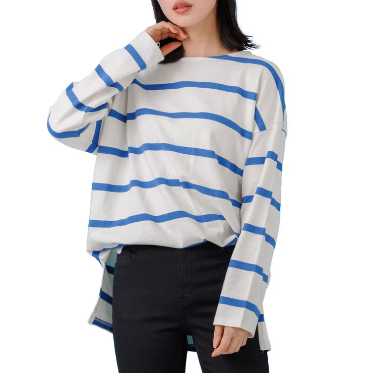 アイボリー×Rブルー | ワイドボーダー長袖Tシャツ ロンＴ ミドル丈 | mili an deni