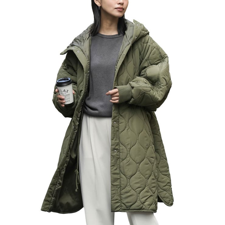 中綿キルトフード付きコート ビッグシルエット 微撥水[品番