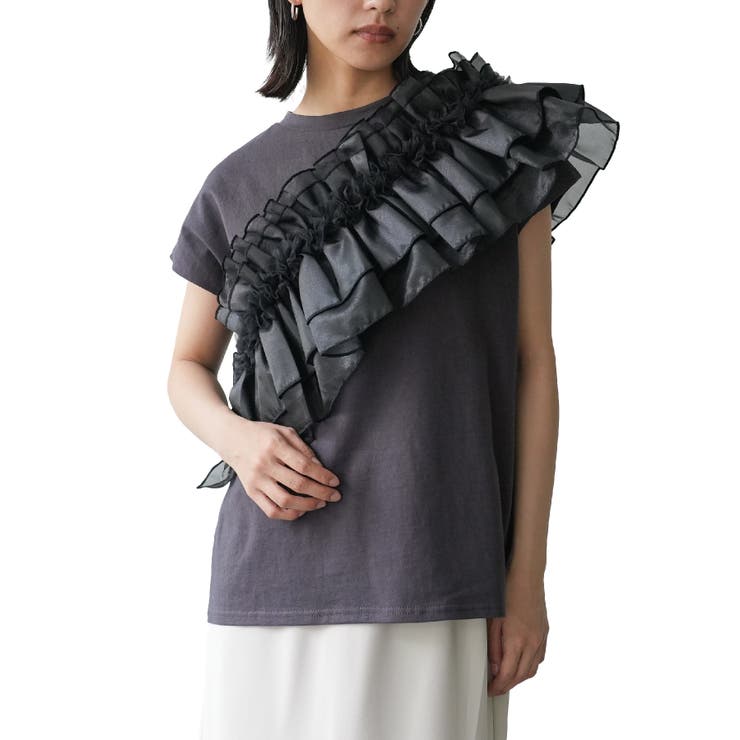 チャコール | レディース Tシャツ 異素材アシメフリルTシャツ | mili an deni