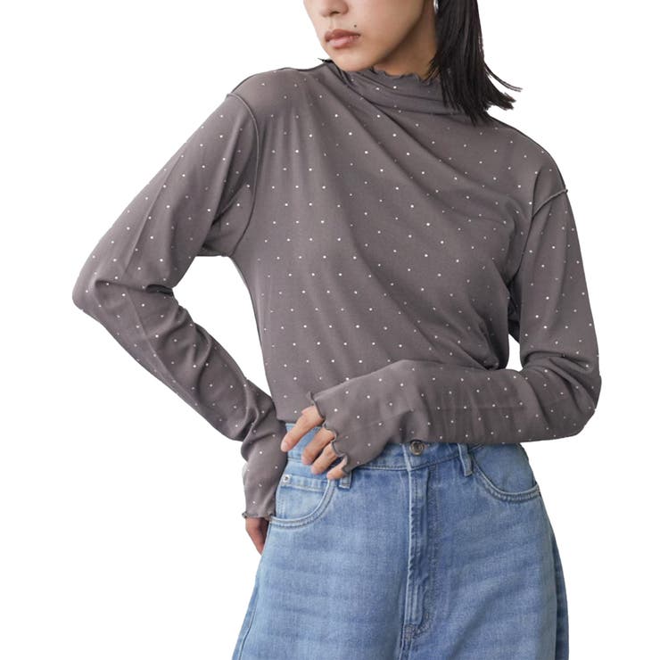 チャコール１ | レディース トップス ラインストーンメローハイネックトップス | mili an deni