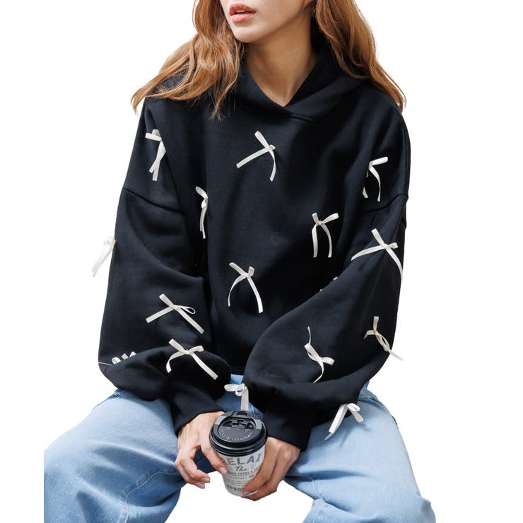 ブラック | レディース トレーナー 裏起毛フリルリボンフードプルオーバー | mili an deni