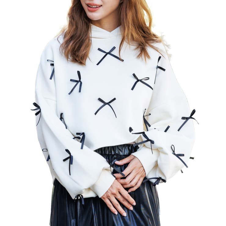 アイボリー | レディース トレーナー 裏起毛フリルリボンフードプルオーバー | mili an deni