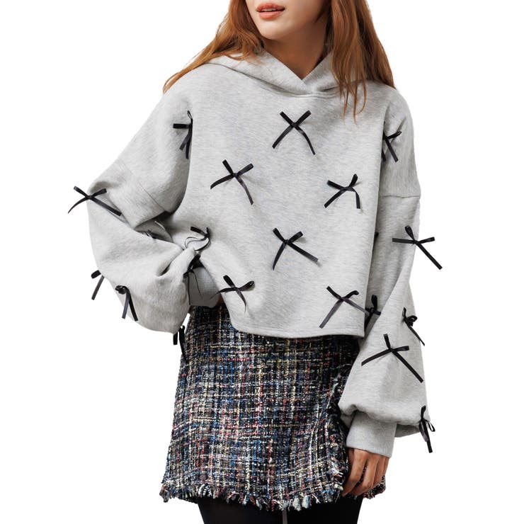 杢グレー | レディース トレーナー 裏起毛フリルリボンフードプルオーバー | mili an deni