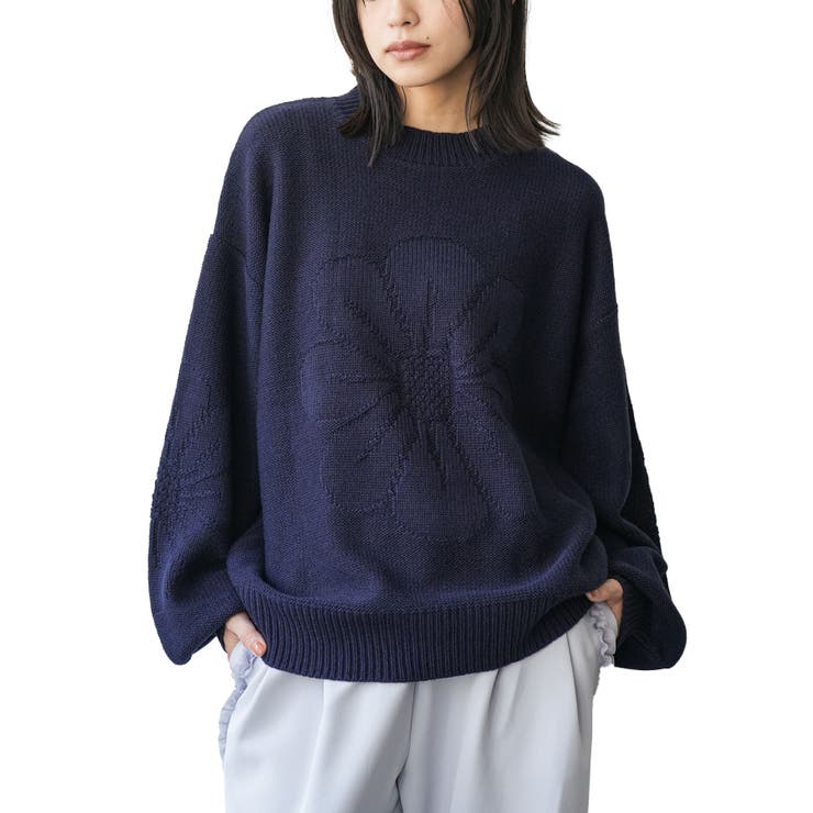 ネイビー | レディース 花モチーフジャガードニットプルオーバー セーター | mili an deni