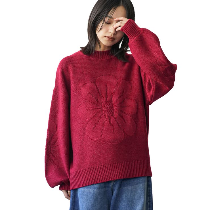 レッド | レディース 花モチーフジャガードニットプルオーバー セーター | mili an deni
