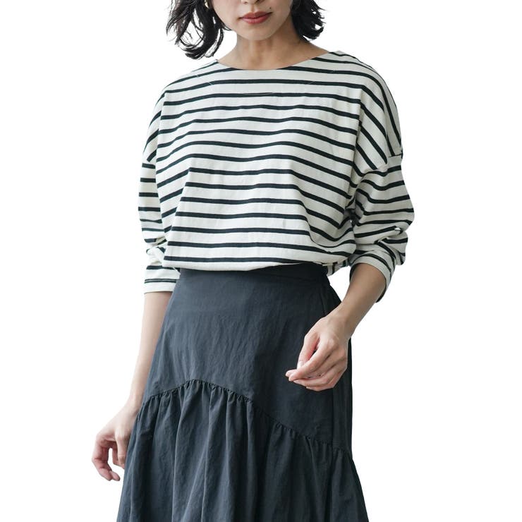 エクリュ×ブラック | ドロップショルダーロンTシャツ Tシャツ サイドスリット | mili an deni