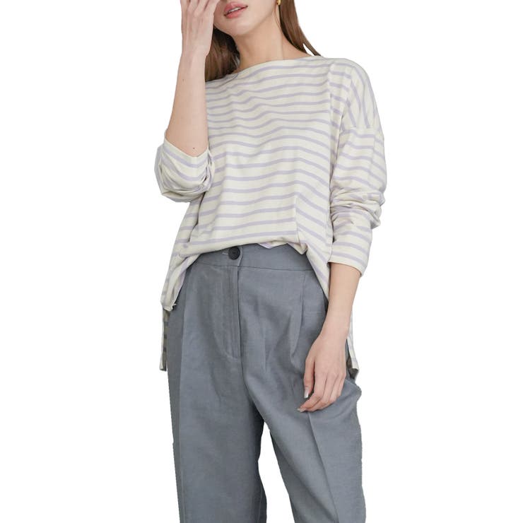 エクリュ×ラベンダー | ドロップショルダーロンTシャツ Tシャツ サイドスリット | mili an deni