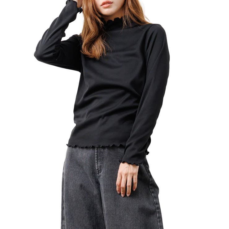 ブラック | 裏微起毛プチハイネックメローTシャツ シアバター加工 暖かい | mili an deni