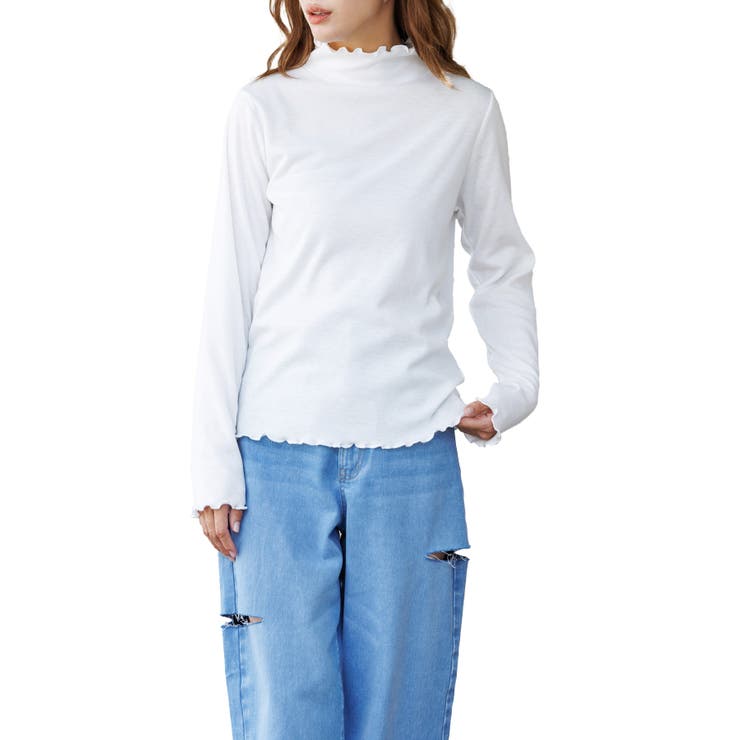 ホワイト | 裏微起毛プチハイネックメローTシャツ シアバター加工 暖かい | mili an deni