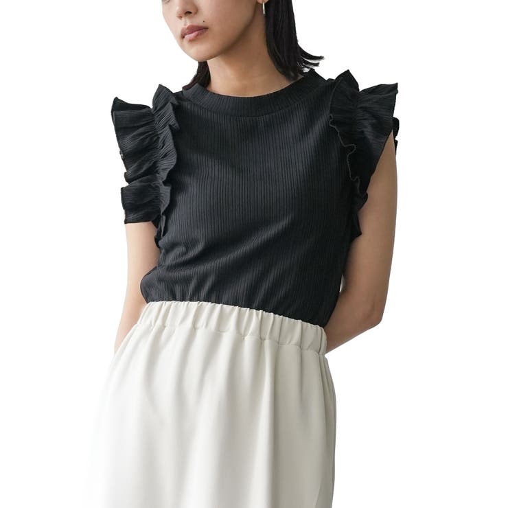 ブラック | フリルスリーブリブタンクトップ トタンテレコリブ スタンドネック | mili an deni