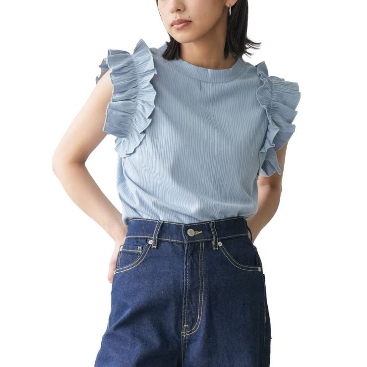 Dブルー | フリルスリーブリブタンクトップ トタンテレコリブ スタンドネック | mili an deni