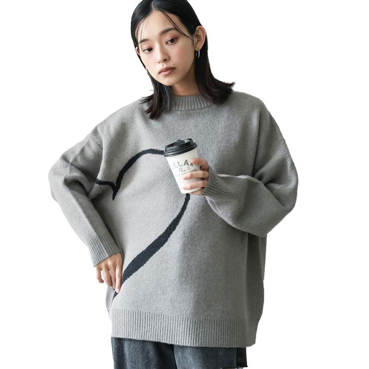 グレー | レディース ビッグハートジャガードニットプルオーバー セーター | mili an deni