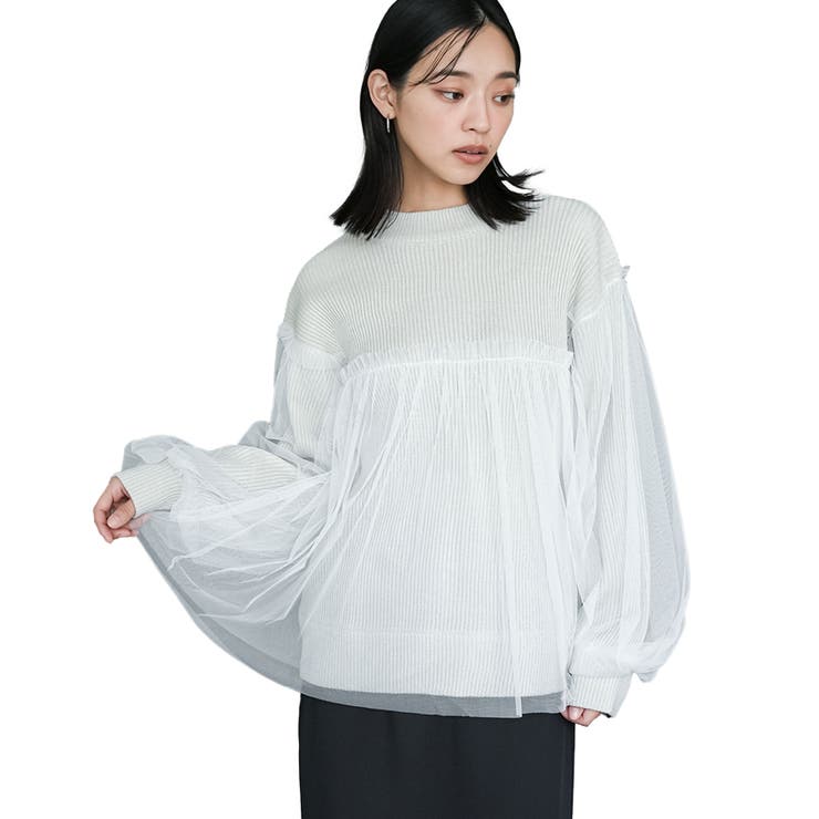 アイボリー | レディース チュールドッキングニットプルオーバー セーター | mili an deni