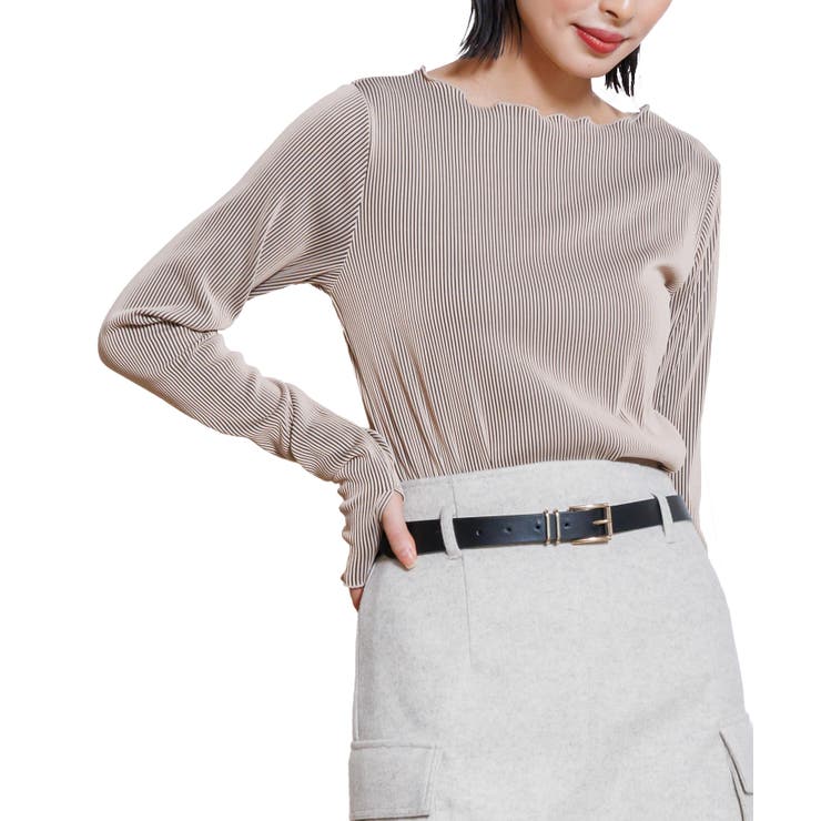 ベージュ | ツートーン指穴トップス ブラウス ストライプ | mili an deni