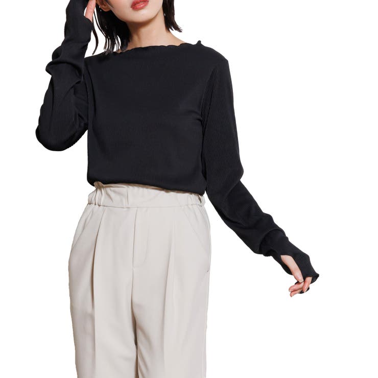 ブラック | ツートーン指穴トップス ブラウス ストライプ | mili an deni