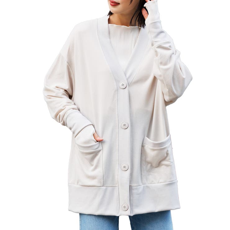 グレージュ | ストレッチ起毛ビッグカーディガン ニット Vネック | mili an deni