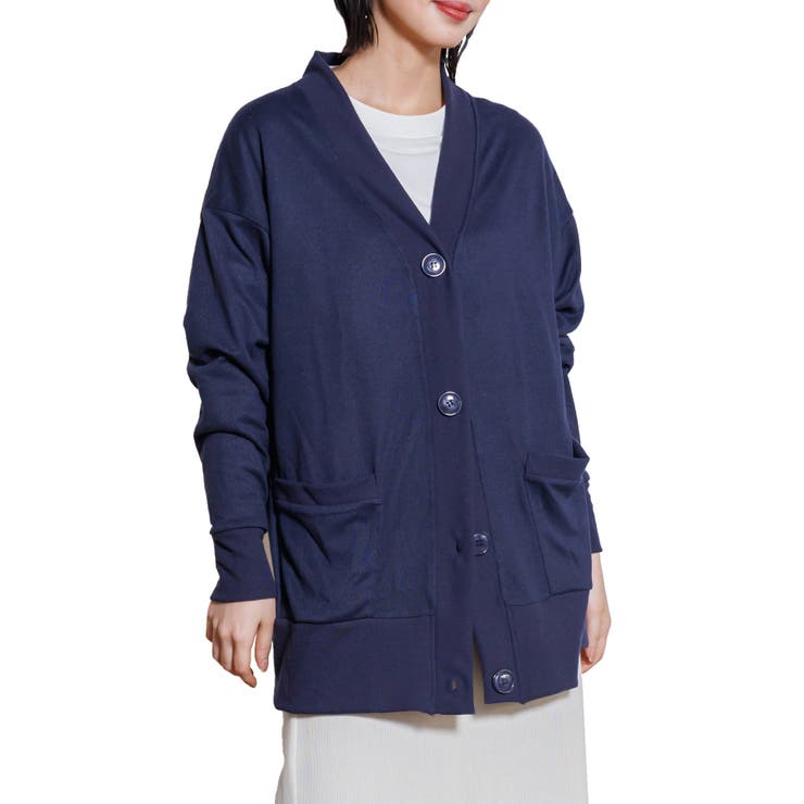 ネイビー | ストレッチ起毛ビッグカーディガン ニット Vネック | mili an deni