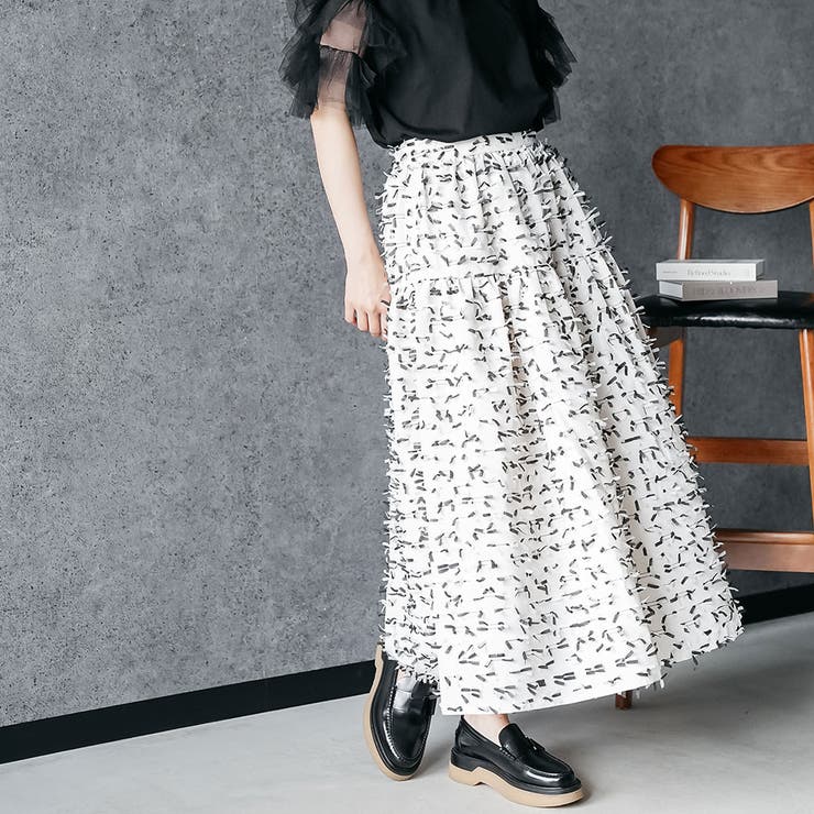 リボンジャガードスカート ロングスカート フリンジリボン[品番