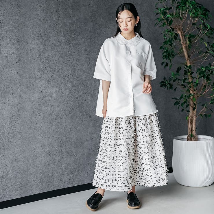 リボンジャガードスカート ロングスカート フリンジリボン[品番