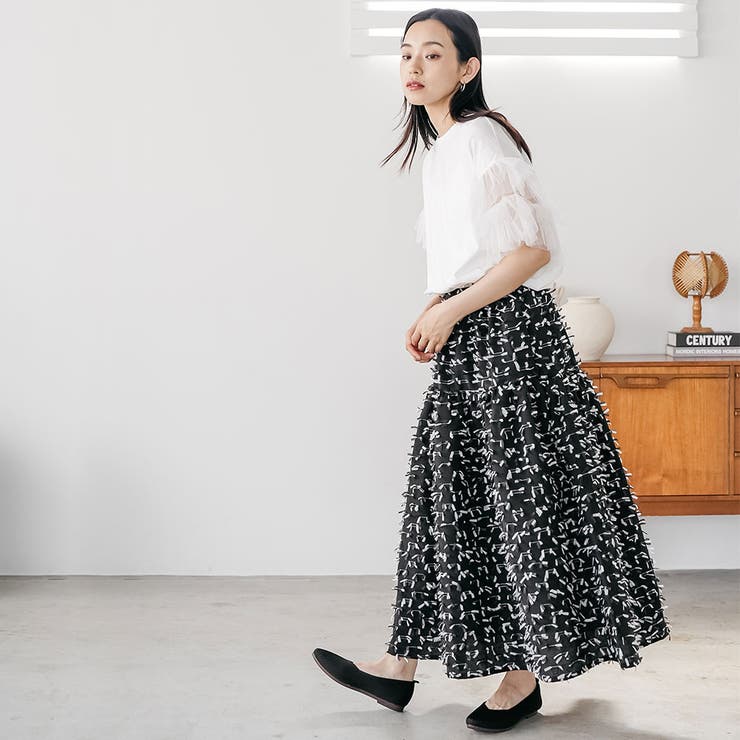 リボンジャガードスカート ロングスカート フリンジリボン[品番