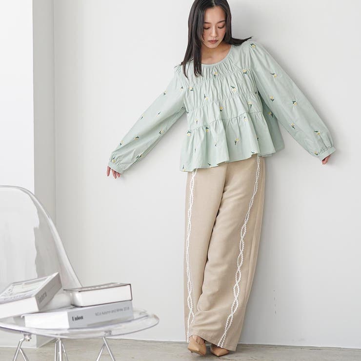 ワイドパンツ レディース サイド刺繍テープパンツ | mili an deni | 詳細画像9 