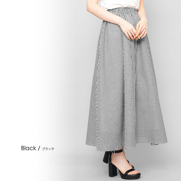 ブラック | ギンガムチェックサッカーマキシスカート ウエストゴム ロング丈 | mili an deni