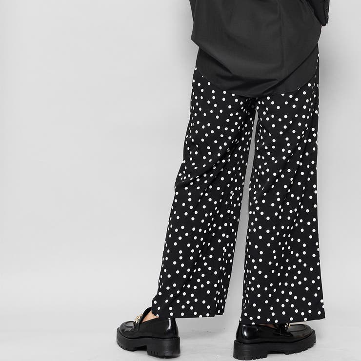 ドットプリントパンツセミワイドパンツロング丈M黒ボトムスウエストゴムゆったりきれいめパンツレディース秋ミリアンデニ