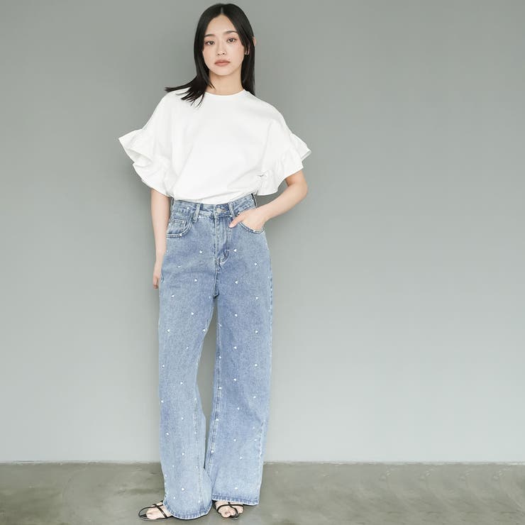 ハート刺繍デニムパンツ ロング丈 ボトムス | mili an deni | 詳細画像10 