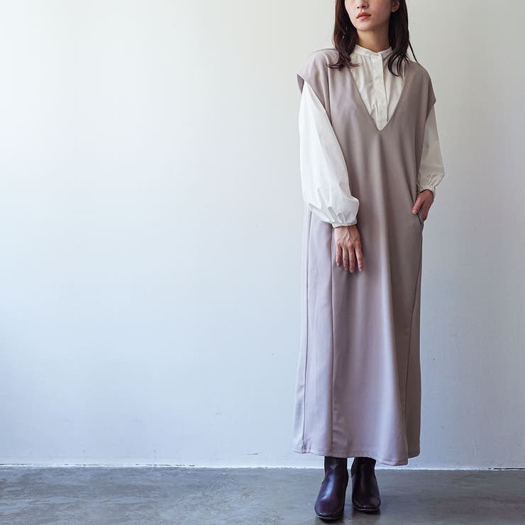 カットジョーゼット Vネックワンピース ゆったり[品番